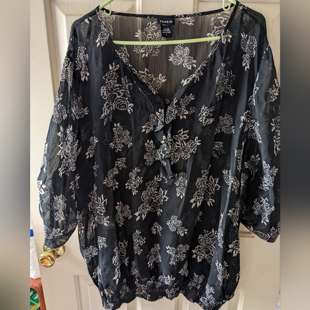 Sheer business professional long sleeve black top
